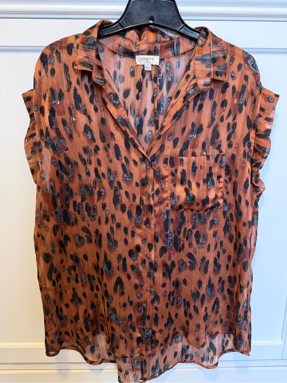 Umgee Rust and Black Animal Print Button-Down Blouse
